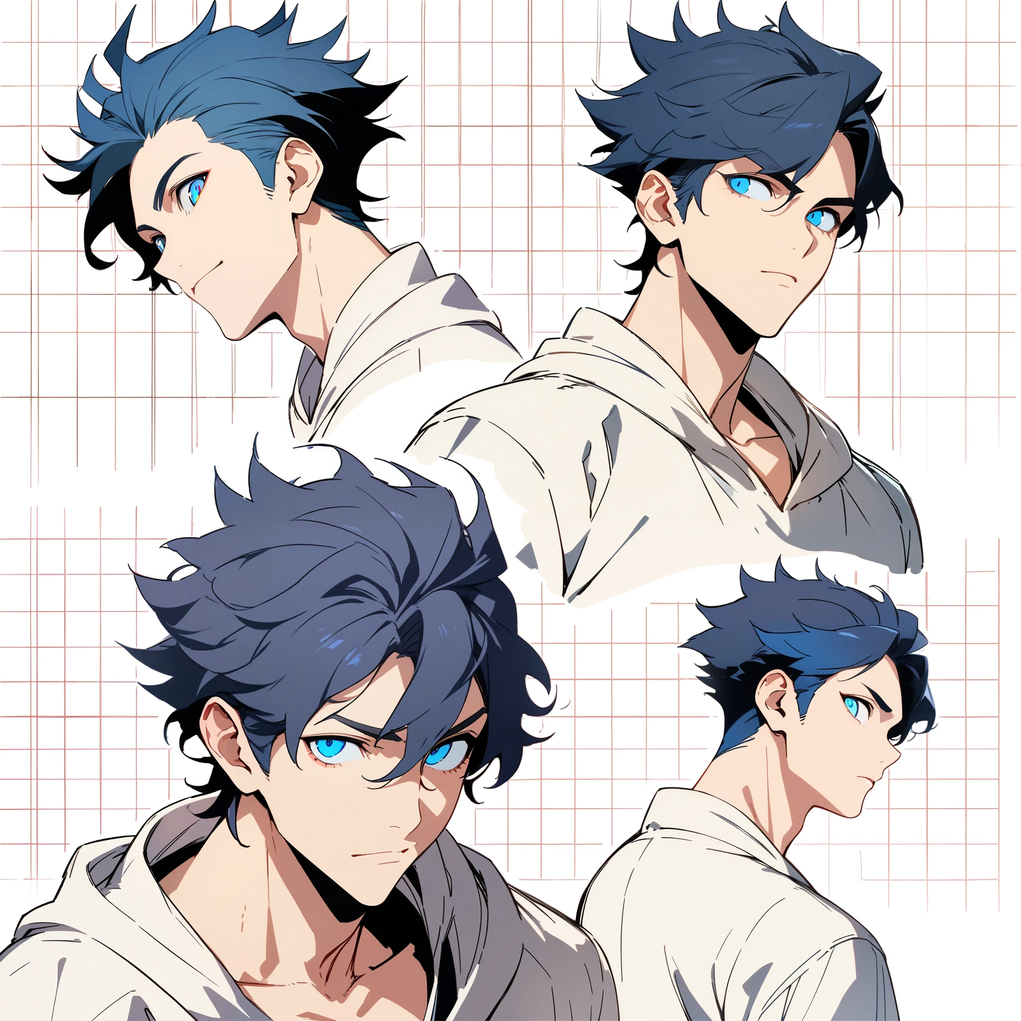 anime boy, dark blue hair, blue eyes, head, same boy, different angles, grid, 9 faces, high quality, concept, handsome, spiky hair, perfect lineart, sharp lineart, best quality, high quality, best quality, ultra-detailed, HD, beautiful lighting,
