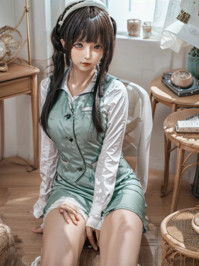 Yoru_Briar, One person, White hair band, ((Twin tails, Side Lock)), Black Hair, ((Red eyes)), Green vest, White shirt, Long sleeve, Green pencil skirt, Thighs, Upper Body, ((Leaning forward)), Are standing, (Cowboy Shot,Realistic, photoRealistic), (masterpiece, 最high quality, high quality), (colorful),(Delicate eyes and face), Volumetric Light, Ray Tracing, Highly detailed CG Unity 8k wallpaper, indoor, living room, sofa, Decorations, chandelier, Mountain of books,