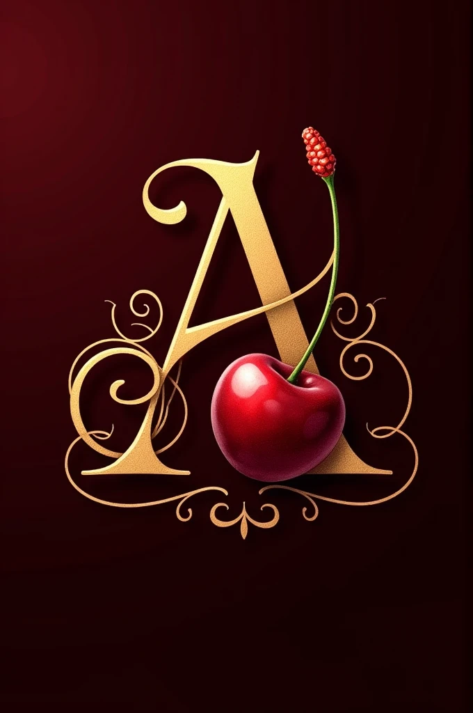 Create a golden cherry liqueur logo, with an A and a cherry. It should convey elegance and sophistication.