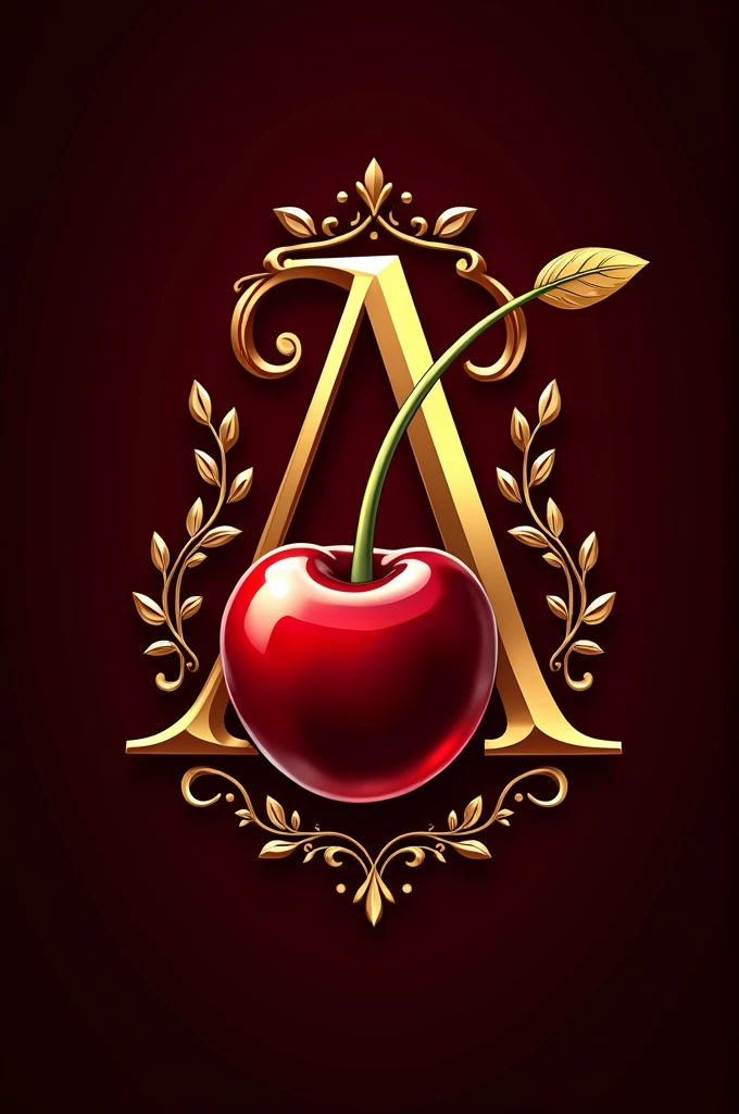 Create a golden cherry liqueur logo, with an A and a cherry. It should convey elegance and sophistication.