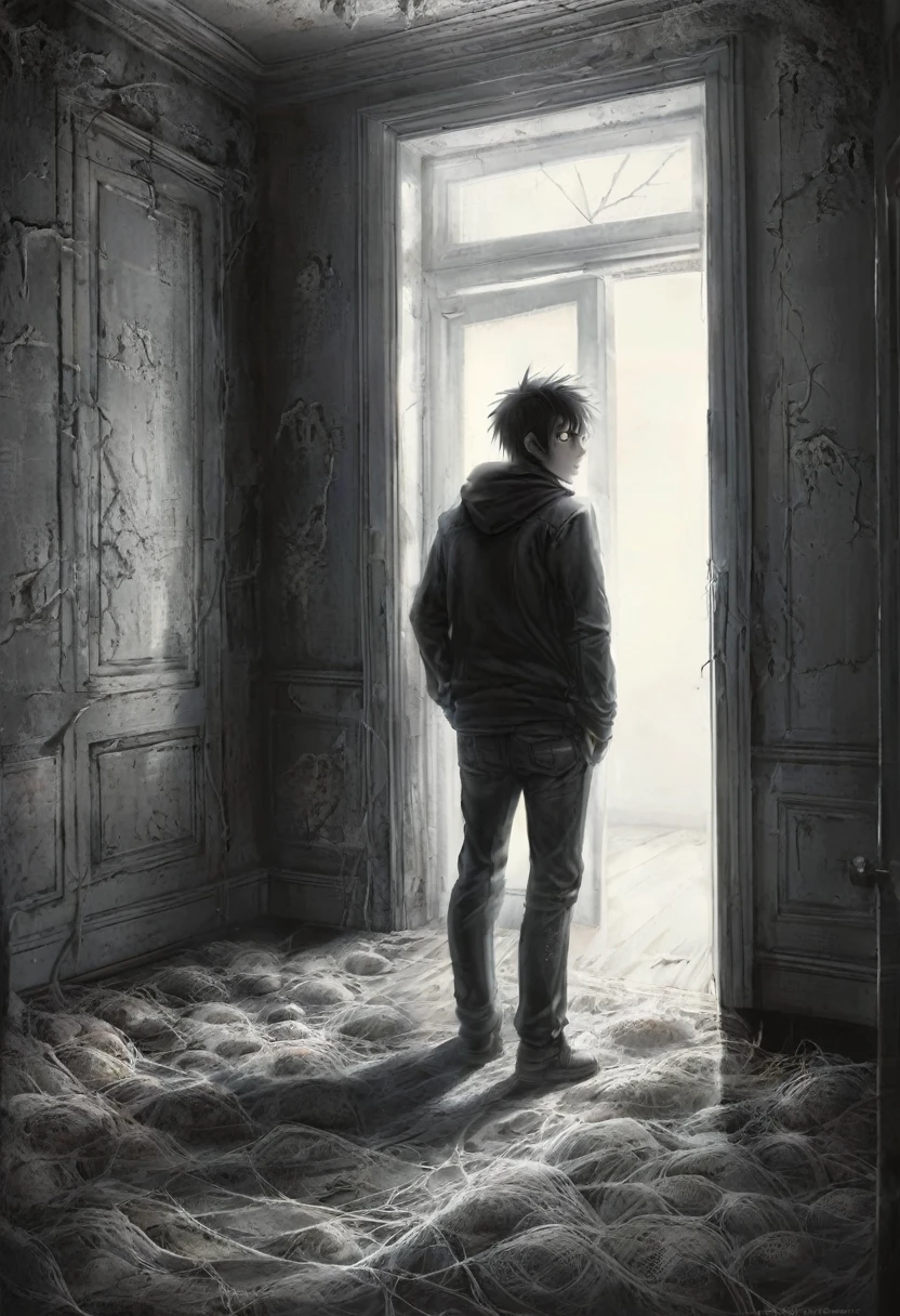 The Dark Room: Ben enters the room beyond the door, which is pitch black, cold, and filled with an old, musty smell. The room is bare, with rough stone walls, cobwebs, and scattered debris. A single dim light bulb hangs from the ceiling, casting just enough light to reveal Ben’s worried expression as he steps inside cautiously.