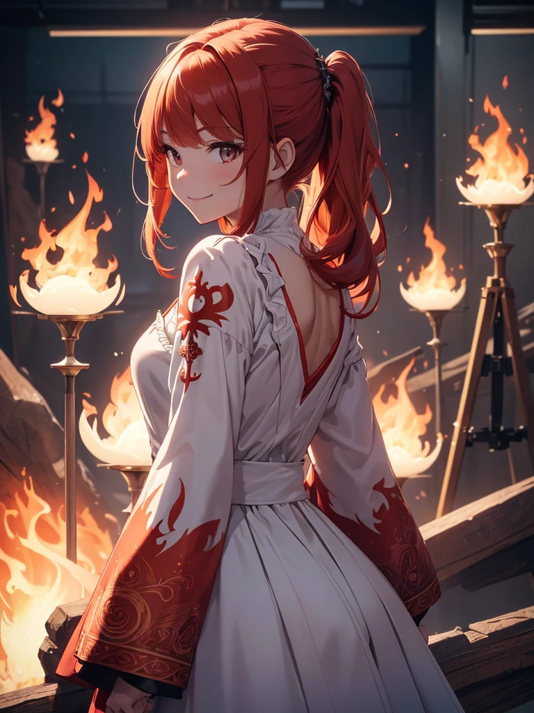 (((best quality, sharp image, clear image, cinematic lighting, 8k resolution, masterpiece, ultra detailed, intricate))) Girl, (((looking over left shoulder))), (shot from behind), ((shot from hip up)), fiery red hair, pigtails, ((white dress)), ((flaming sigils, flaming runes)), spiky rock formations, (flaming lotus flowers frame), (intricate background), ((Phoenix)), (swirling flames), smiling, long sleeves