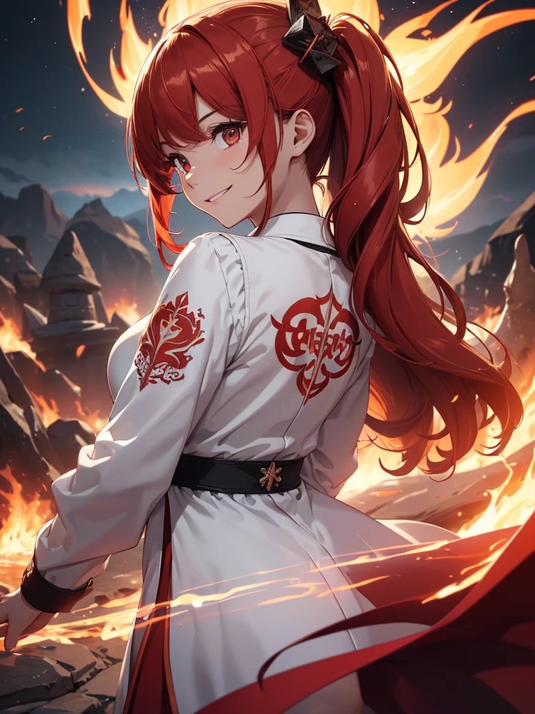 (((best quality, sharp image, clear image, cinematic lighting, 8k resolution, masterpiece, ultra detailed, intricate))) Girl, (((looking over left shoulder))), (shot from behind), ((shot from hip up)), fiery red hair, pigtails, ((white dress)), ((flaming sigils, flaming runes)), spiky rock formations, (flaming lotus flowers frame), (intricate background), ((Phoenix)), (swirling flames), smiling, long sleeves