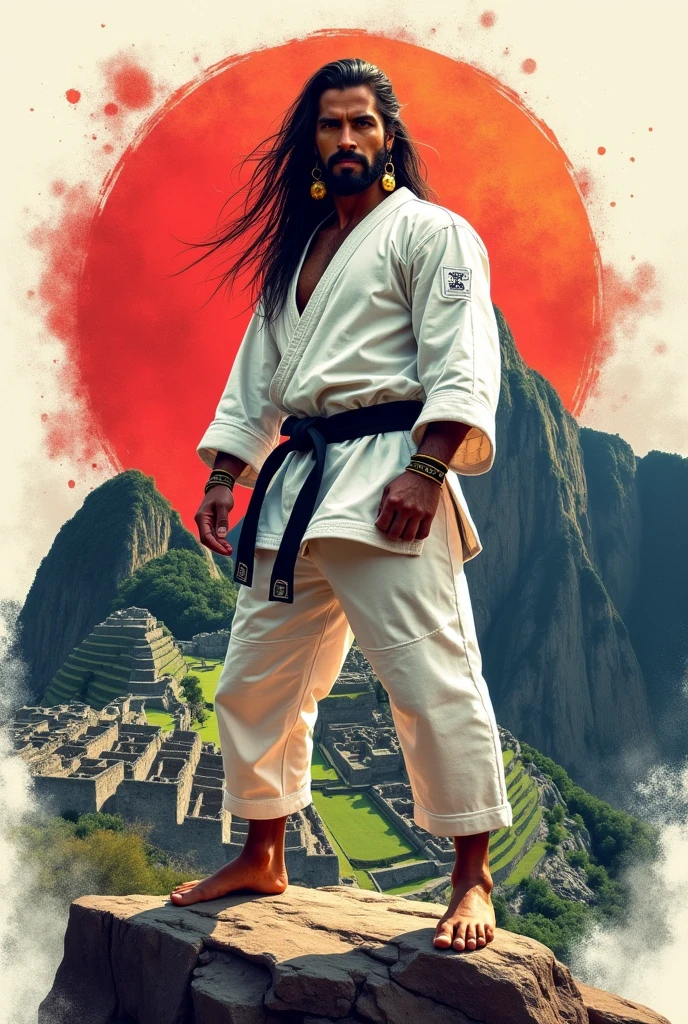 A cell phone wallpaper format ink painting of an Inca karateka painted in a white karate uniform and black belt, Inca earrings, Long hair, man, gold ear cuffs, muscular, standing on a rock, combat position, barefoot, and in the background a silhouette of a painting in red, black, white, lead and pale green colors of Machu Picchu with flashes and paint stains of four colors red, negro, white and gold