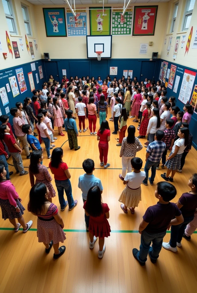 like a school gym and at the top it says world culture day and theres a handful of students wearing different outfits from their home country, top down view