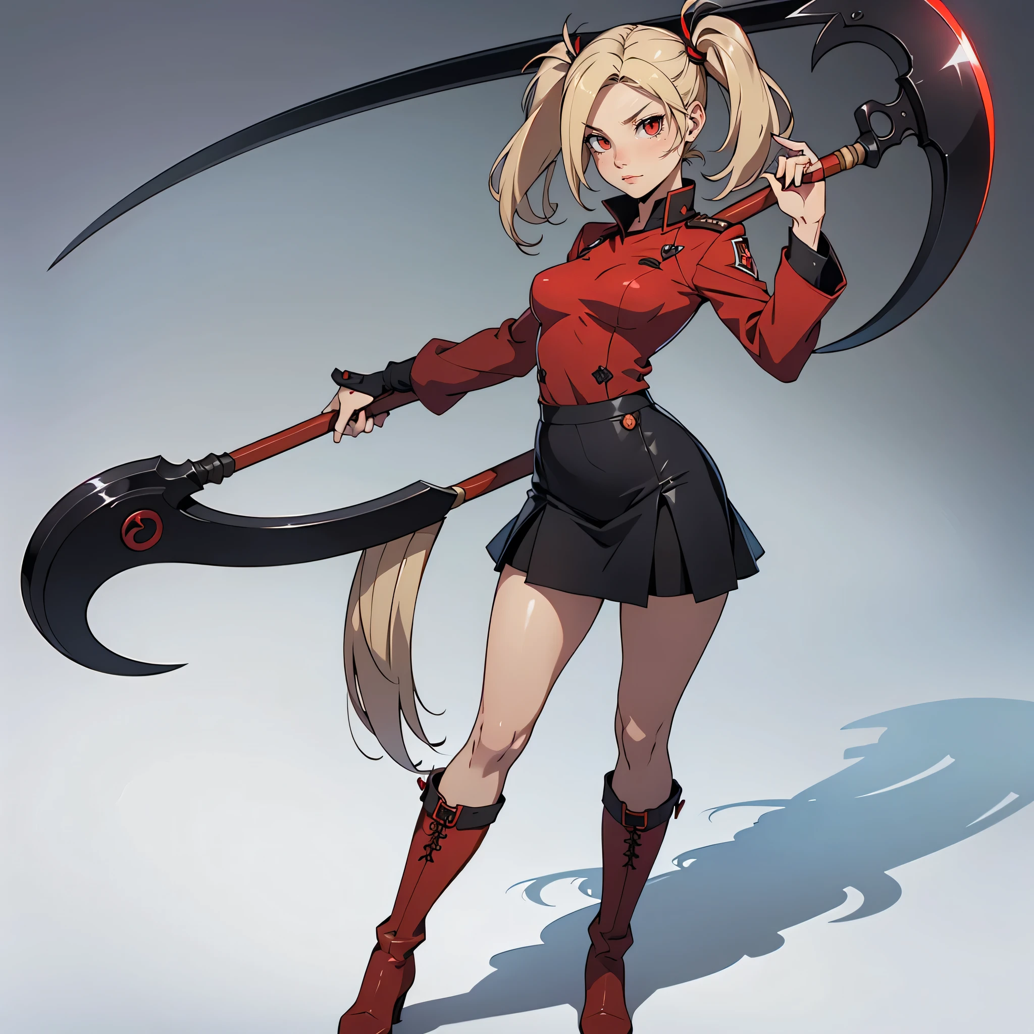 Very detailed, neutral facial expression, small breasts, full body view, blonde hair with twintails, red eyes, looking at viewer, black and red uniform, skirt, black boots, holding scythe, combat pose.