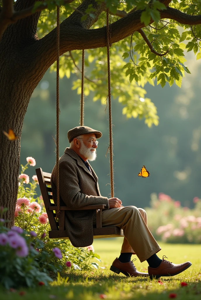 An elderly gentleman sitting on a swing