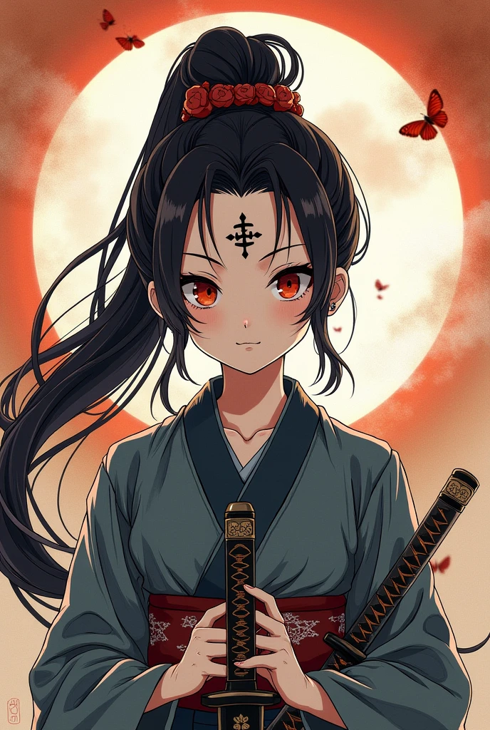 Ink painting, (((1 girl))), (((Tattoo in the middle of the forehead))),(((In the background is the Akatsuki moon))), (((Oiran))), (((Great hair accessories))), Japanese style headphones, Demon possession,  (((Highest quality, 8K, high-definition masterpiece)))The Japanese samurai, 1, female swordsmanship from the Edo period, master of dual wielding, holding the sword hilt, anime art. (((Blade length is about 80cm, the hilt is short, Approximately 20cm, the sword has a round tsuba)))Official art, detailed CG