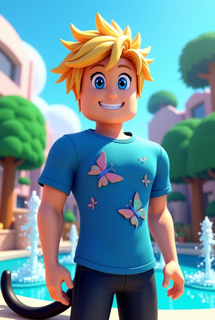 A Roblox avatar with a blue butterfly shirt, blonde hair, blue eyes, and a black tail.