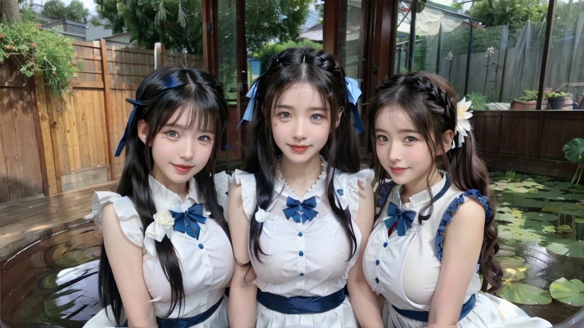 ( 3 girls),smile、Look into the camera、diamond necklace、braided hair,  (Open-chested maid cafe outfit:1.1)、revealing upper arms、Extra long twin tail feathers、Flower Hair Ornaments、 Masterpiece, Highest quality, 8ก, beautiful girl, young face、 photography, Cute face, thigh,(Sitting in a lotus pond),、รอยsmile、small waist, blue eyes(((The chest is erect...)))(((round chest)))(((big breasts:1.2)))