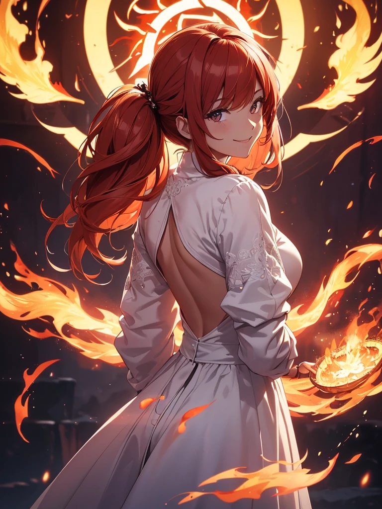 (((best quality, sharp image, clear image, cinematic lighting, 8k resolution, masterpiece, ultra detailed, intricate))) Girl, (((looking over left shoulder))), (shot from behind), ((shot from hip up)), fiery red hair, pigtails, ((white dress)), ((flaming sigils, flaming runes)), spiky rock formations, (flaming lotus flowers frame), (intricate background), ((Phoenix)), (swirling flames), smiling, long sleeves