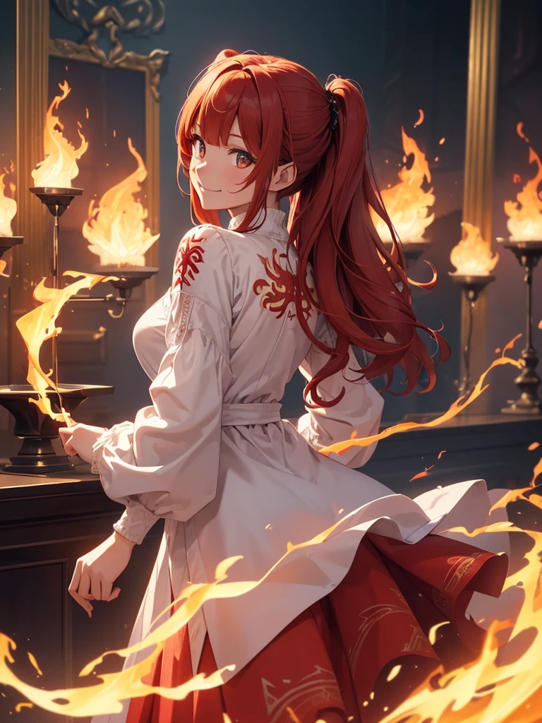 (((best quality, sharp image, clear image, cinematic lighting, 8k resolution, masterpiece, ultra detailed, intricate))) Girl, (((looking over left shoulder))), (shot from behind), ((shot from hip up)), fiery red hair, pigtails, ((white dress)), ((flaming sigils, flaming runes)), spiky rock formations, (flaming lotus flowers frame), (intricate background), ((Phoenix)), (swirling flames), smiling, long sleeves
