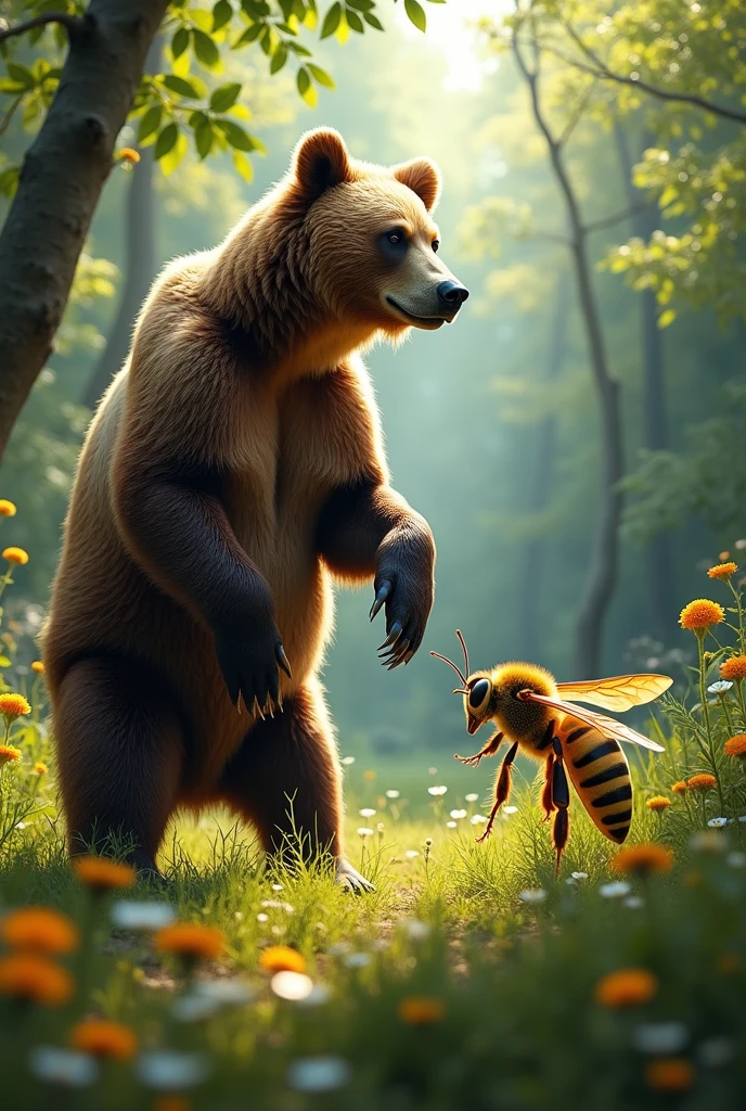 a grizzly bear fighting a life size yellow jacket