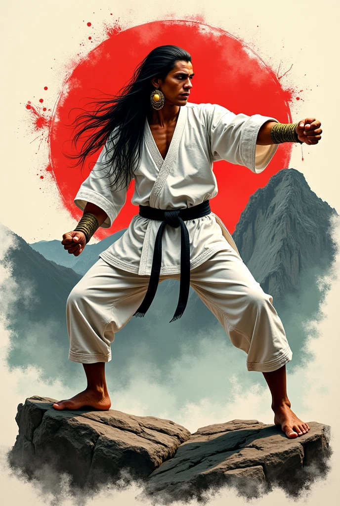 A cell phone wallpaper format ink painting of an Inca karateka painted in a white karate uniform and black belt, Inca earrings, Long hair, man, masculine, gold ear cuffs, muscular, standing on a rock, combat position, barefoot, and in the background a silhouette of a painting in red, black, white, lead and pale green colors of Machu Picchu with flashes and paint stains of four colors red, negro, white and gold