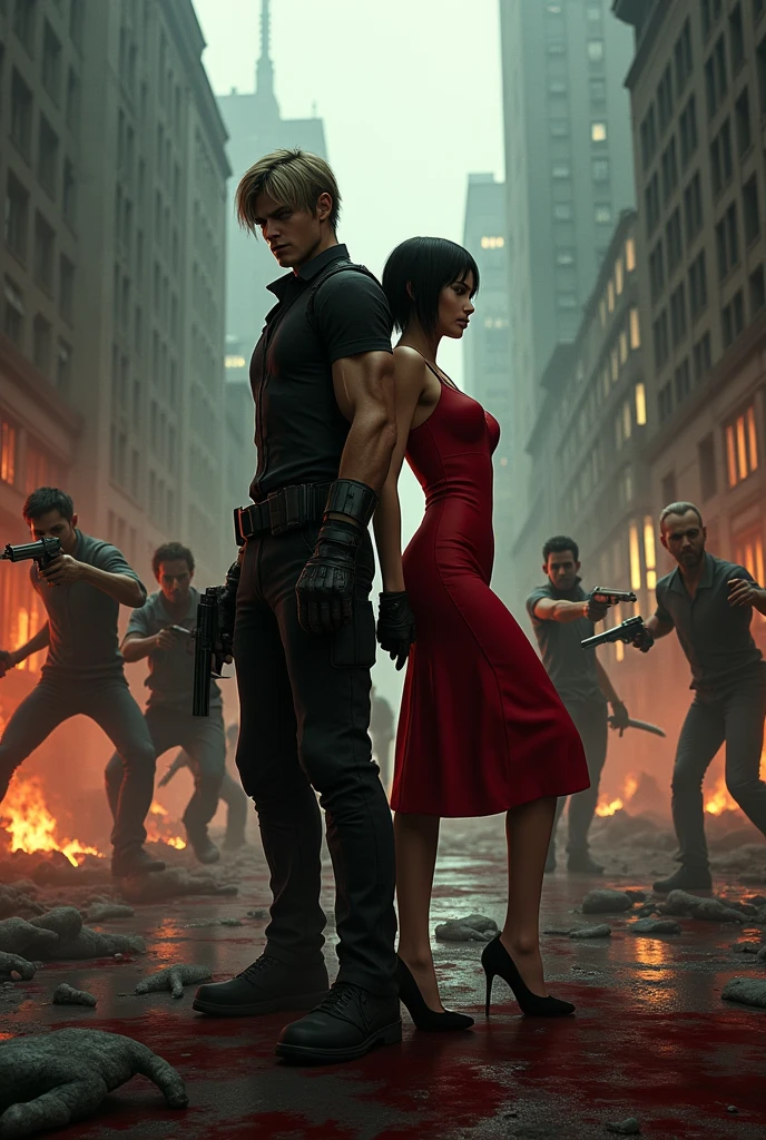 Leon S. Kennedy and Ada Wong along with Chris Redfield and Jack Muller killing zombies