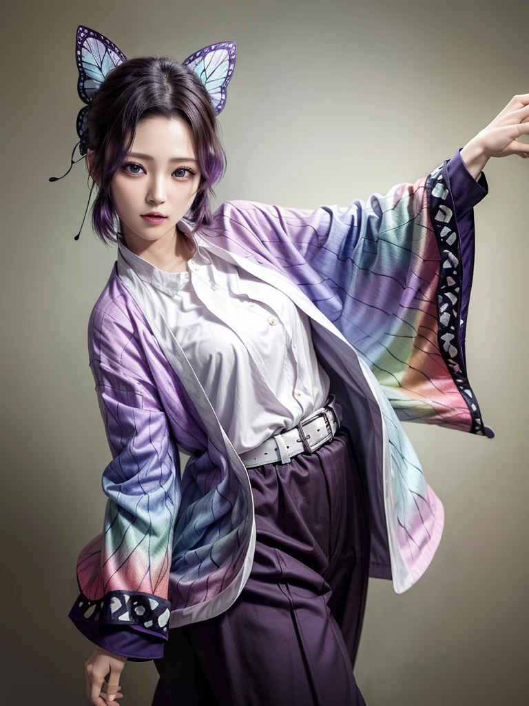 masterpiece, Highest quality, High resolution, One person, alone, kochou shinobu, Butterfly Hair Ornament, Purple eyes, Multicolored Hair, short hair, Parted bangs, Haori, Wide sleeves, Long sleeve, Black trousers, Black jacket, belt, Cowboy Shot, Have a weapon, sword