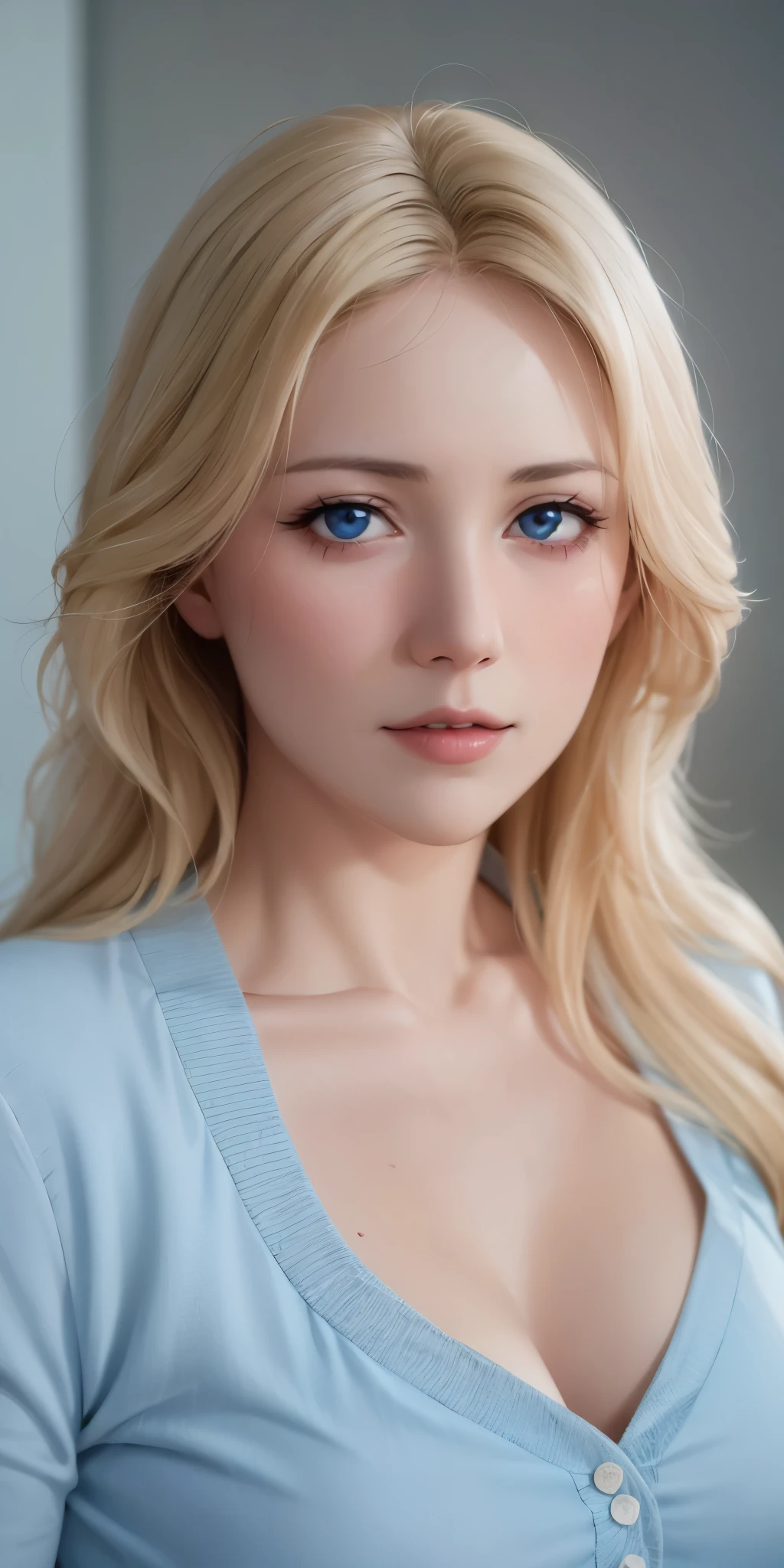 Elegant mature female, pale skin, blonde hair, blue eyes, soft light, high quality, high detailed, 4k resolution, beautiful cg