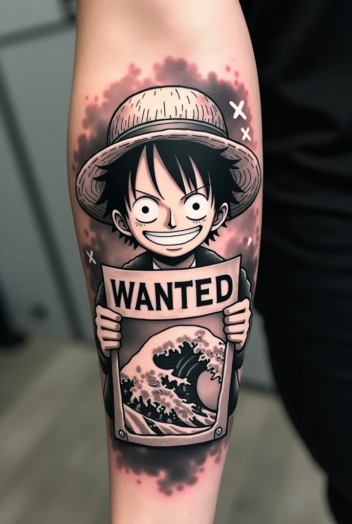 Black and white tattoo of Luffy holding his wanted poster on his forearm