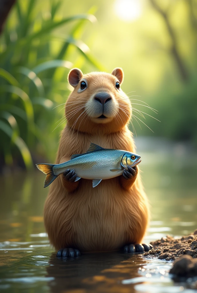 A capybara with a fish