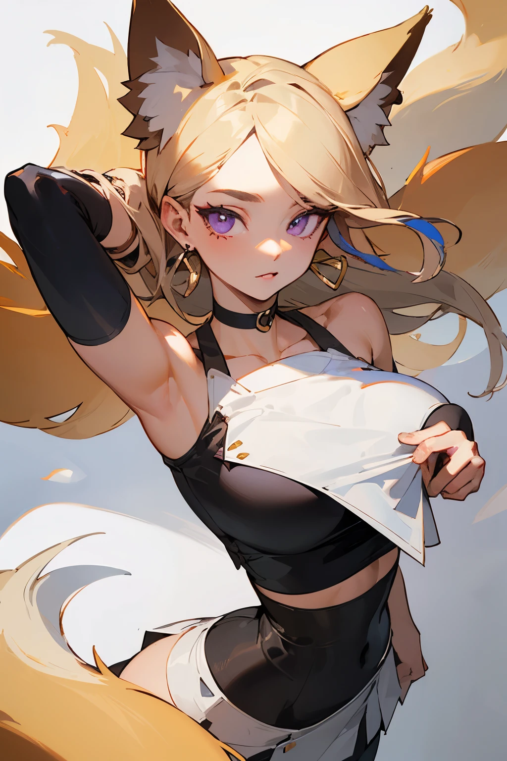 (((Masterpiece))), (((Best Quality))),Ultra High Resolution, Caustics, Detailed, (Beautiful Detailed Eyes),Perfect Anatomy, nsfw, (Fox ears), Exquisite eyes, Blonde, multicolor hair ,Facial details, Red Eyeshadow, masterpiece, high quality, Large Breasts,Black pantyhose,solo,White short top, sports Shorts, black tight, strip tight, long socks, large earrings, clear eyes, purple eyes, choker, ((black crop top, thin material, mini skirt)), open waist, (symmetrical eyes), (perfect symmetrical body)