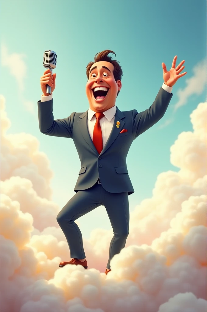 An extravagant and vibrant image of Silvio Santos, the presenter, standing in a sea of clouds. He is dressed in his iconic suit and tie, with a wide smile and a microphone in his hand. Its animated, stylized features resemble classic cartoon characters. The sky is full of fluffy clouds and there is a sense of joyful fun and adventure in the air, standing