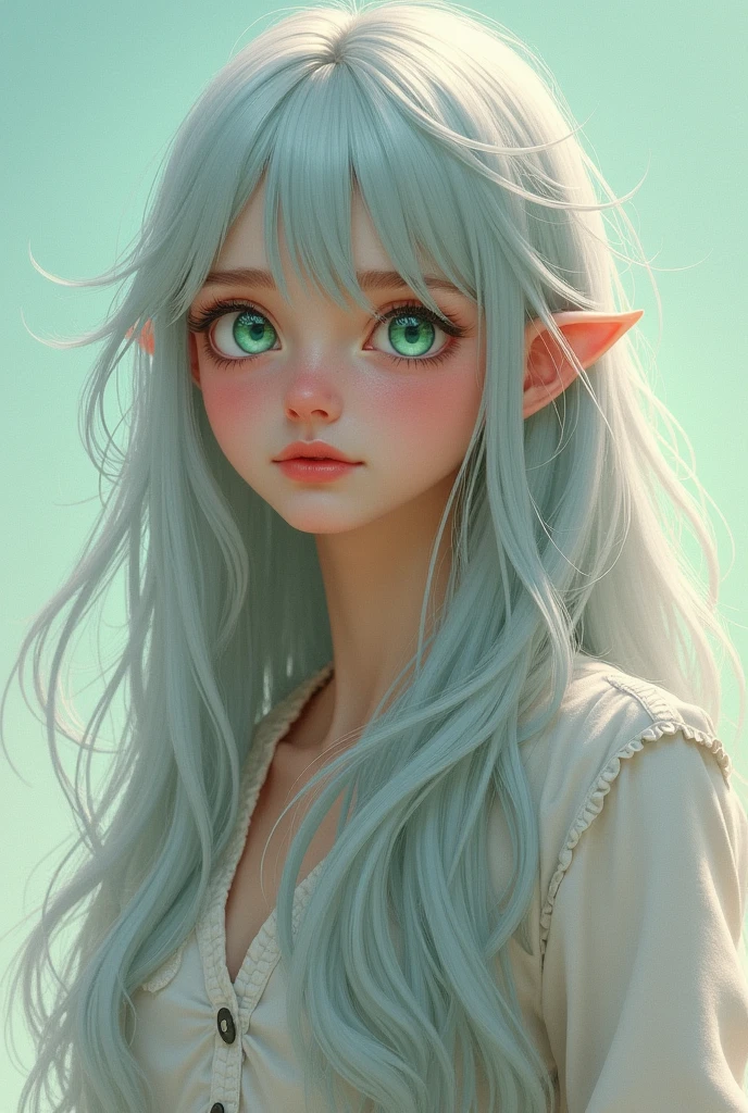 A teenager with long silver hair and expressive green eyes ,against a light background