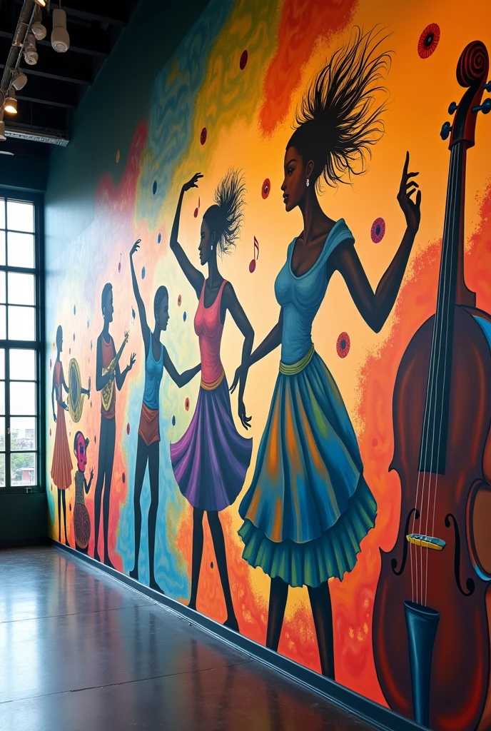 make me a drawing for a mural on a long wall, that talks about art in general, meaning fine arts (mainly) music, theater, dance, folklore