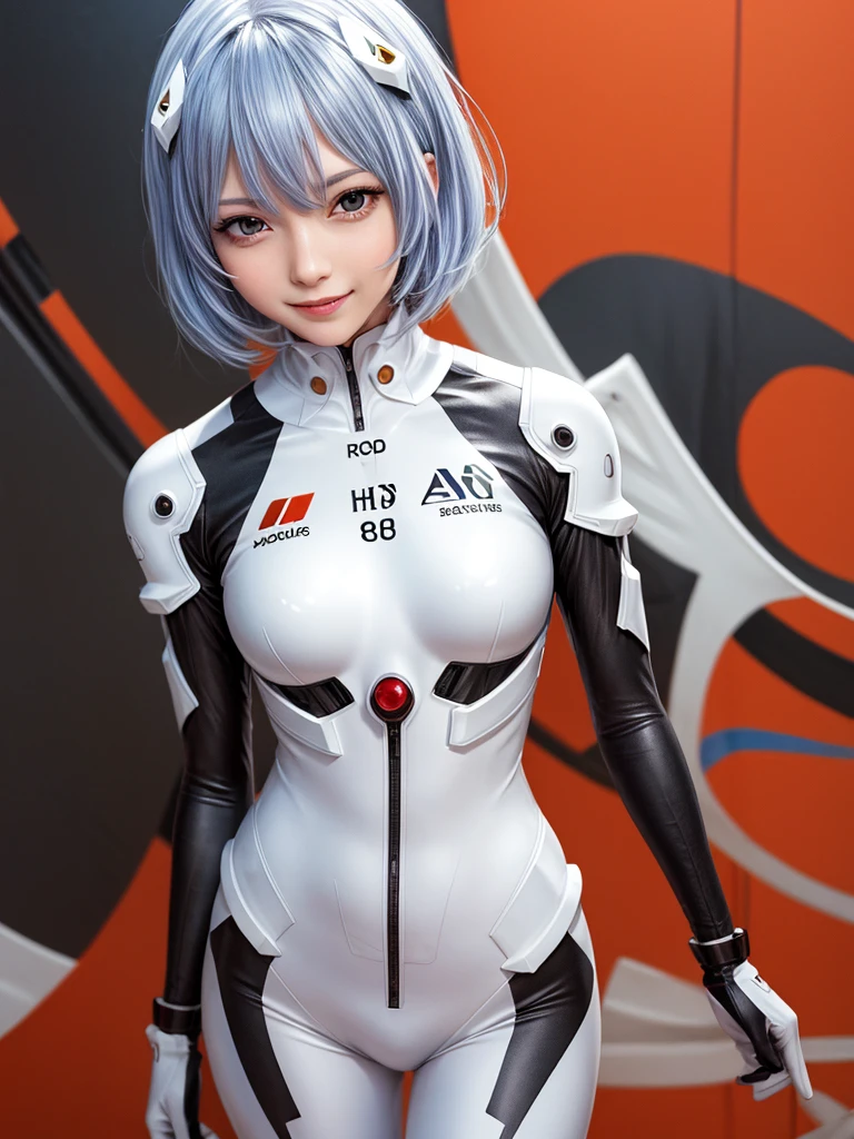 Masterpiece, highest quality, 8K, detailed skin texture, fine cloth texture, beautiful detailed face, intricate details, super detailed, portrait of Rei Ayanami, blue hair, red eyes, looking far away, no background, Evangelion Wearing a plug suit when riding, plug suit, whole body visible, standing, arms crossed, 15 years old, beautiful, cute, great style, smiling,composition that shows the whole body,