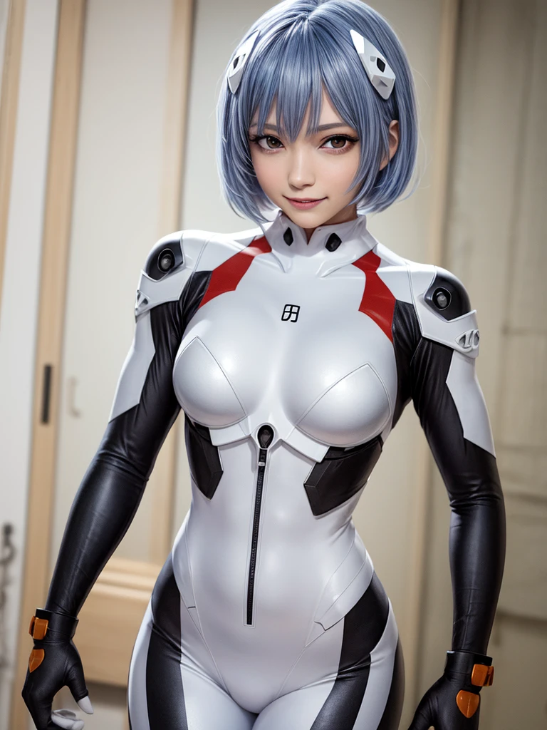 Masterpiece, highest quality, 8K, detailed skin texture, fine cloth texture, beautiful detailed face, intricate details, super detailed, portrait of Rei Ayanami, blue hair, red eyes, looking far away, no background, Evangelion Wearing a plug suit when riding, plug suit, whole body visible, standing, arms crossed, 15 years old, beautiful, cute, great style, smiling,composition that shows the whole body,