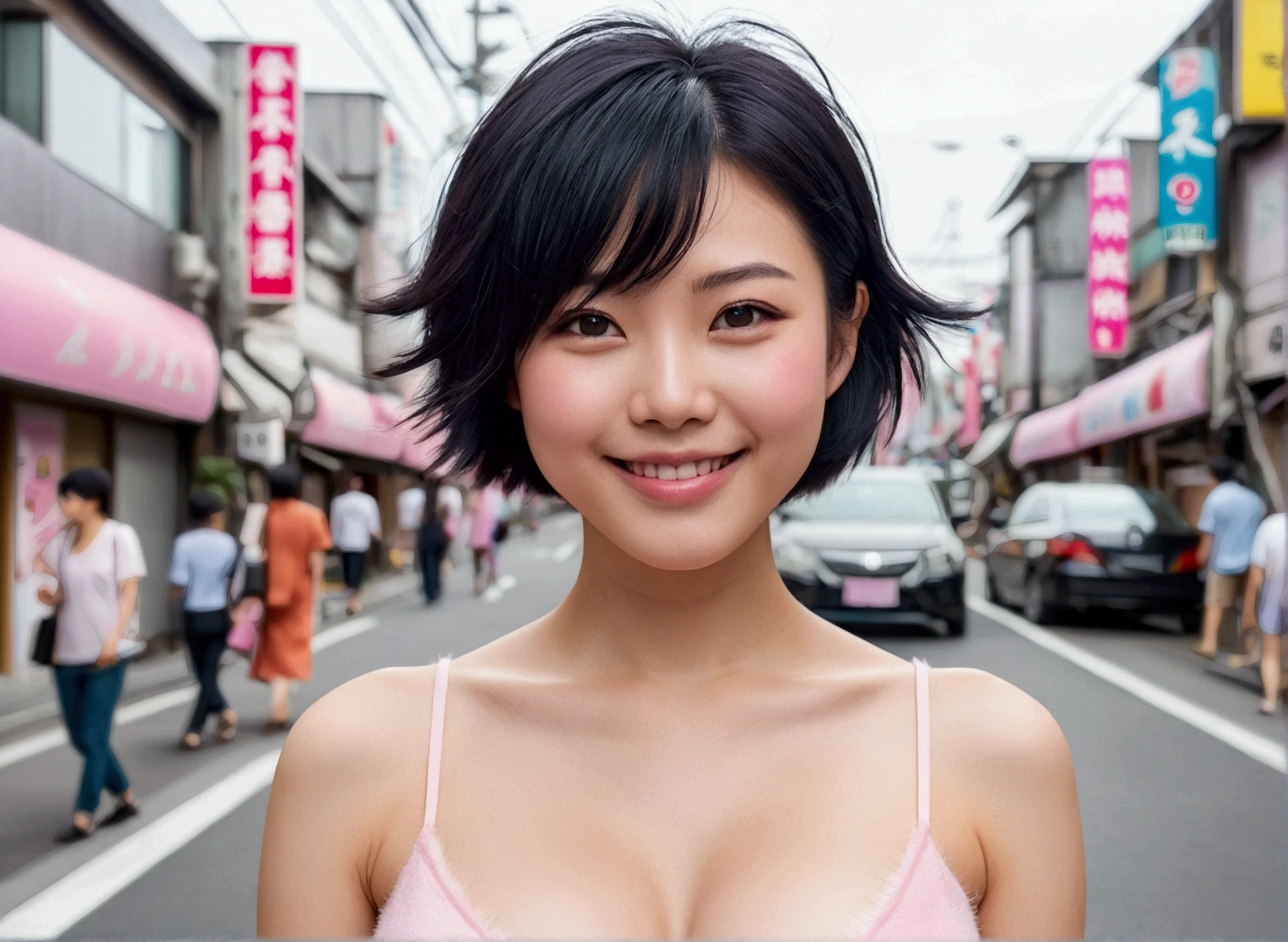 Japanese woman beautiful young smiling short black hair face looks like Z.A.R.D. big breasts big halos pale pink color hairy pussy realistic photo on the street day clear
