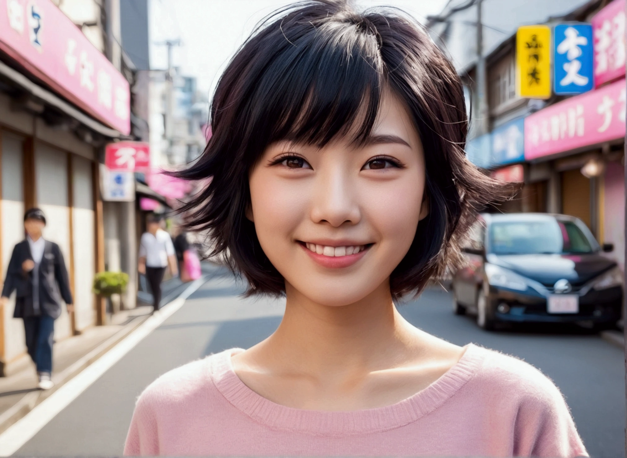 Japanese woman beautiful young smiling short black hair face looks like Z.A.R.D. big breasts big halos pale pink color hairy pussy realistic photo on the street day clear