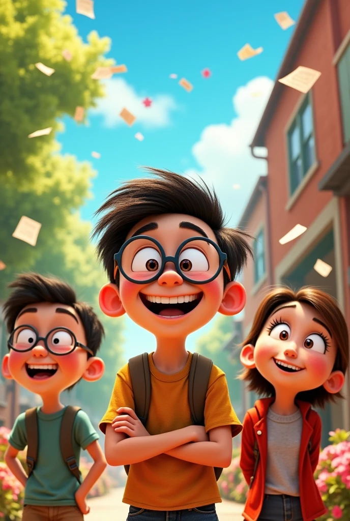 A movie poster, da Disney e Pixa, over 3 students, one of them chubby, and they are making fun of their teacher, The name of the film is "The mules"