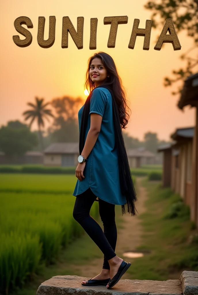One girl age 18 , stand on stone wears silver colour smart watch to her left hand wears blue colour dress and black scarf and  black colour legin pand and wears Black colour chappal and turns right side  and sky in sunset mood,in background village and trees and crops and House written SUNITHA name on the sky at her background with gold stylish metallic letters 