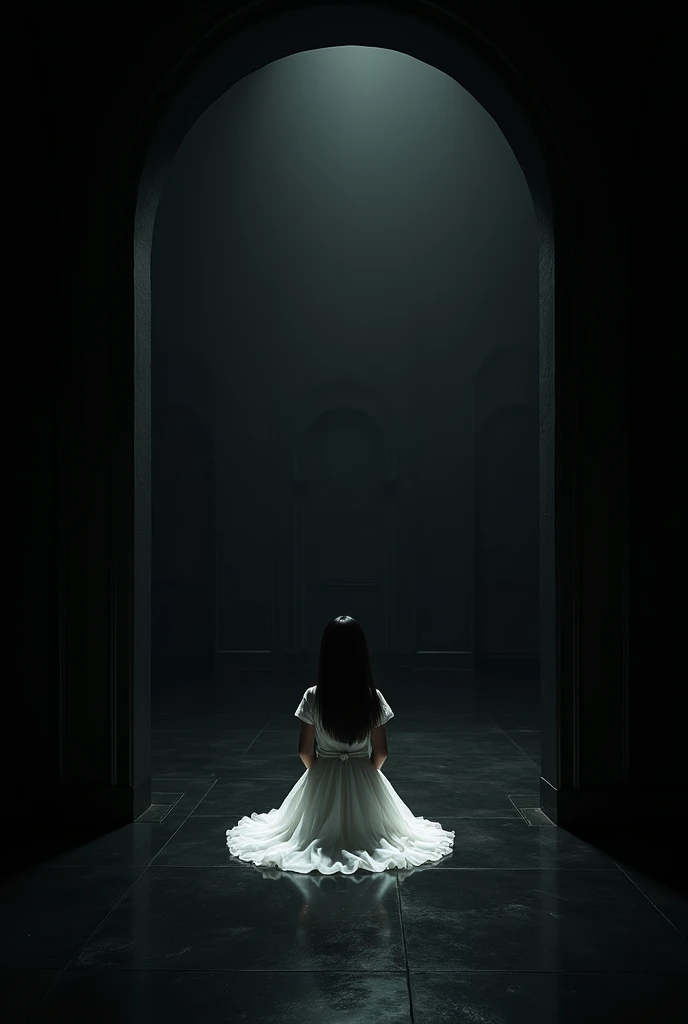 A child amidst a black palette within an oval hall
Kneeling on the floor, equally straight black hair white dress, pele brothers. 