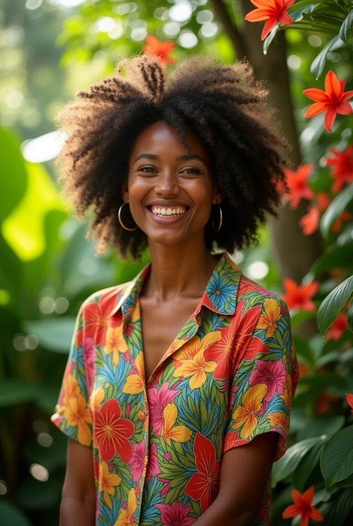 A Brazilian woman in a lush tropical garden, wearing an open shirt with a floral print, with a close-up capturing the harmonious beauty between her breasts and the natural flowers, showing off your natural charm and outgoing personality. new