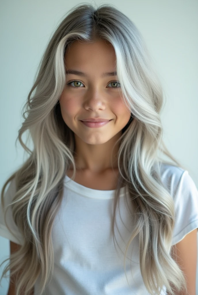 A ager with long silver hair and expressive green eyes ,against a light background