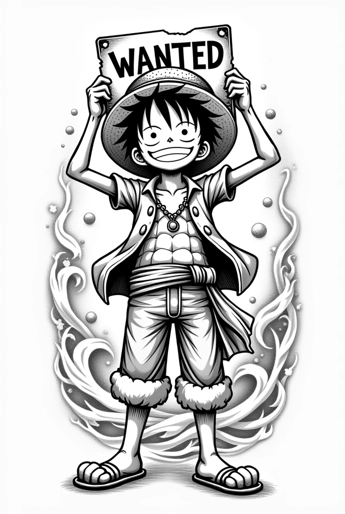 Black and white tattoo of Luffy holding his wanted poster on his forearm 
