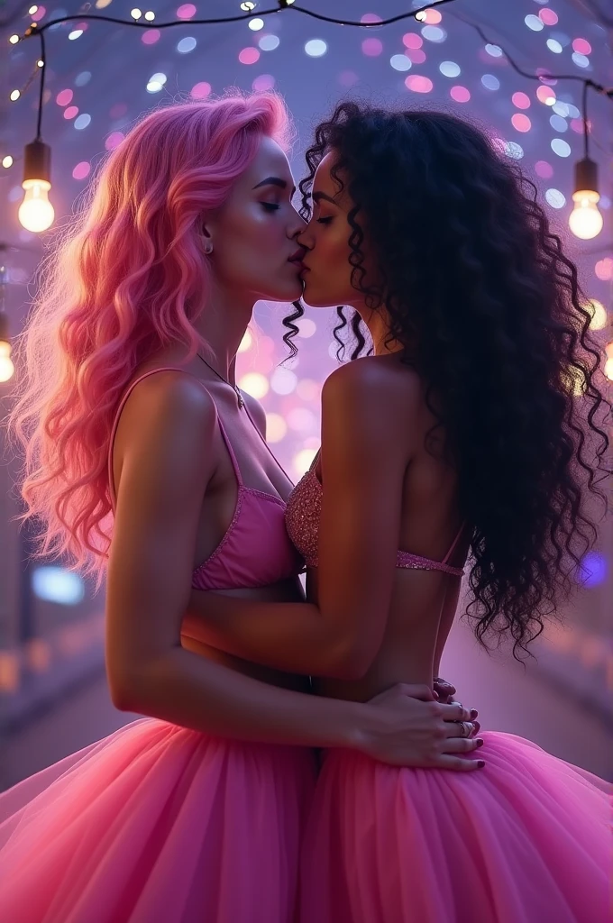 2 girls, , with pink and black hair and pink skirts, Shirtless and braless, hypnotized and kissing passionately