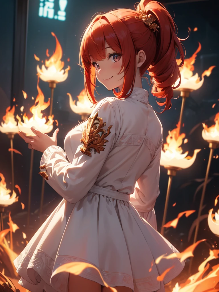 (((best quality, sharp image, clear image, cinematic lighting, 8k resolution, masterpiece, ultra detailed, intricate))) Girl, (((looking over left shoulder))), (shot from behind), ((shot from hip up)), fiery red hair, pigtails, ((white dress)), ((flaming sigils, flaming runes)), spiky rock formations, (flaming lotus flowers frame), (intricate background), ((Phoenix)), (swirling flames), smiling, long sleeves, stockings