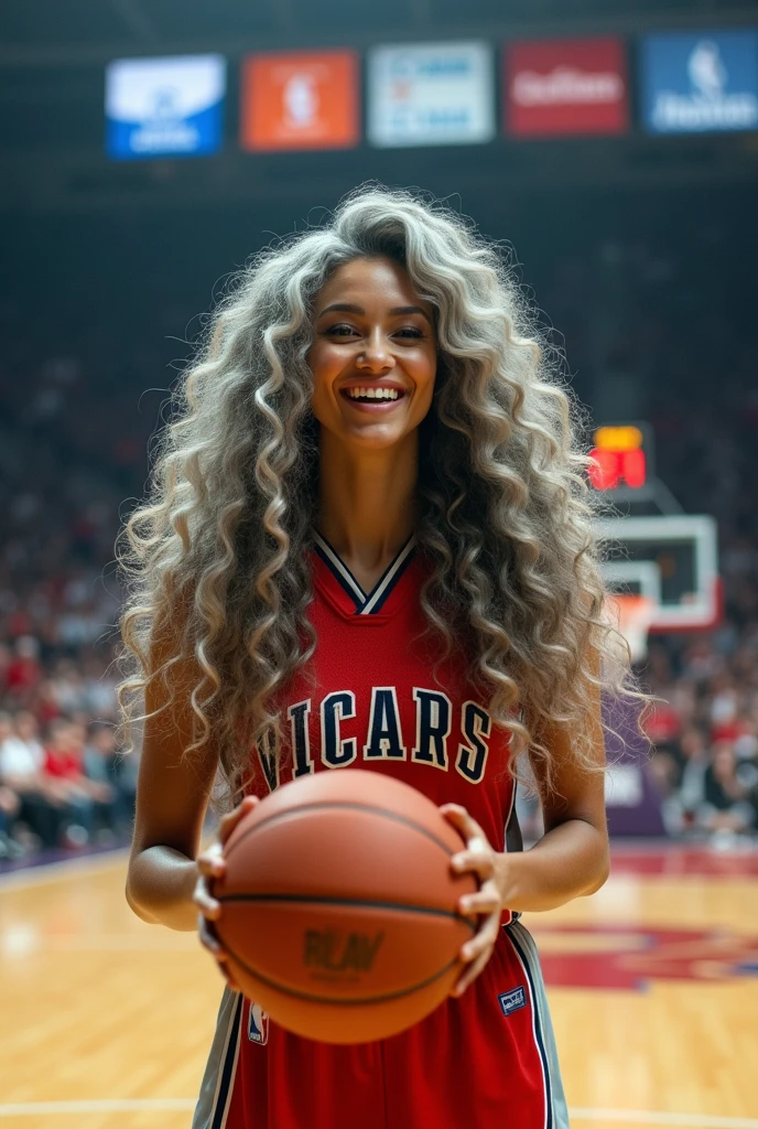 A beautiful youthful looking American version of Ariana Grande as a 50 years old woman with very long hair completely gray hair in a long big curls styles as a retired
NBA player wearing her old NBA jersey shooting the ball in the basket in a nba stadium she is smiling for the camera