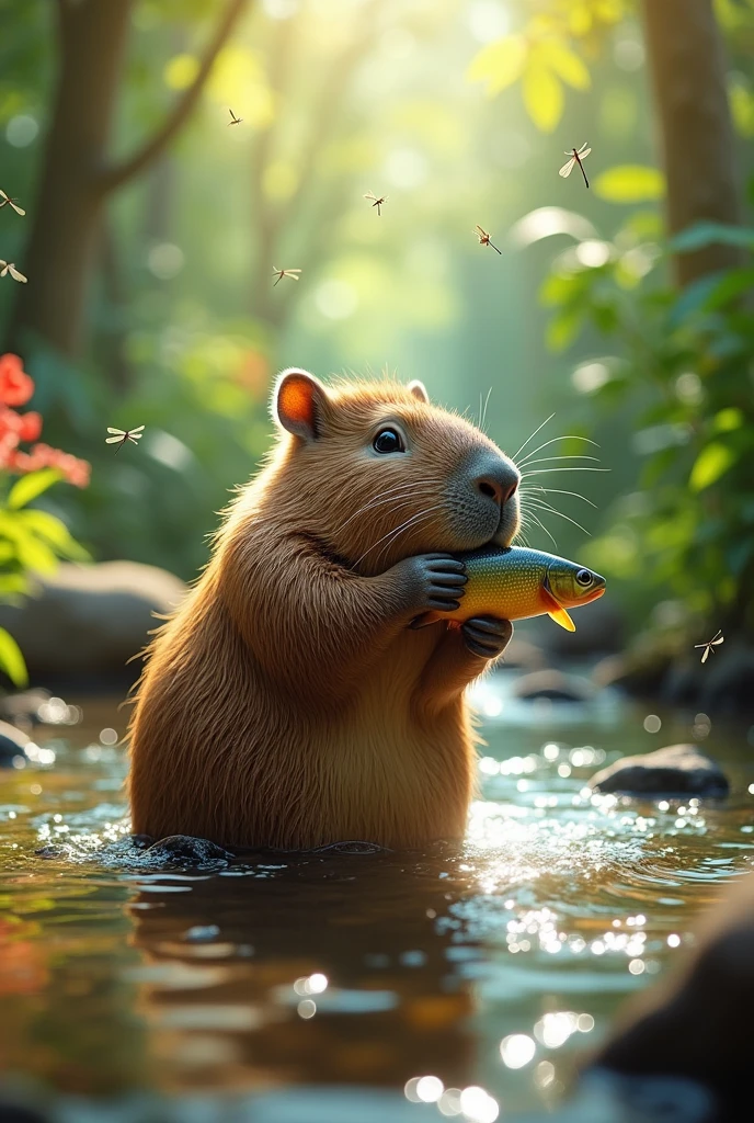 A capybara with a fish