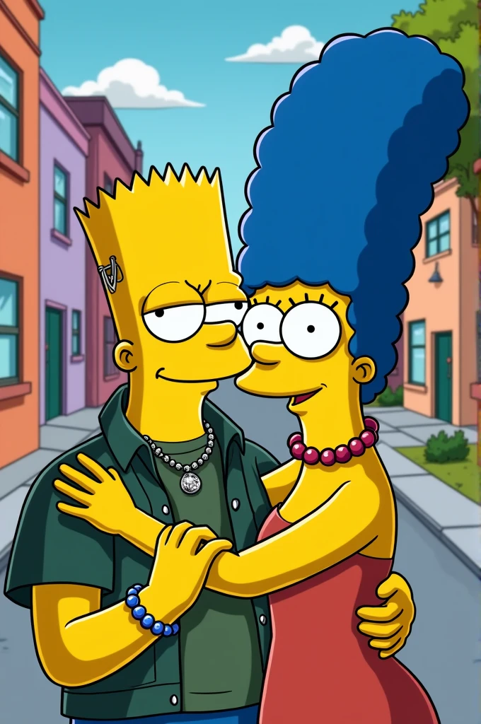 You can make a young man with piercings ( a septum, one nostril on each side, a labret and several in the lobes) with blue hair next to Marge Simpson hugging