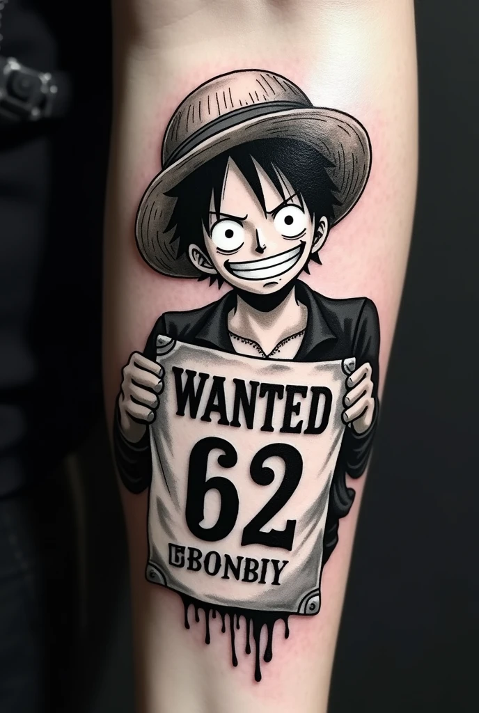 Black and white tattoo of Luffy holding his wanted poster with one hand on his forearm.