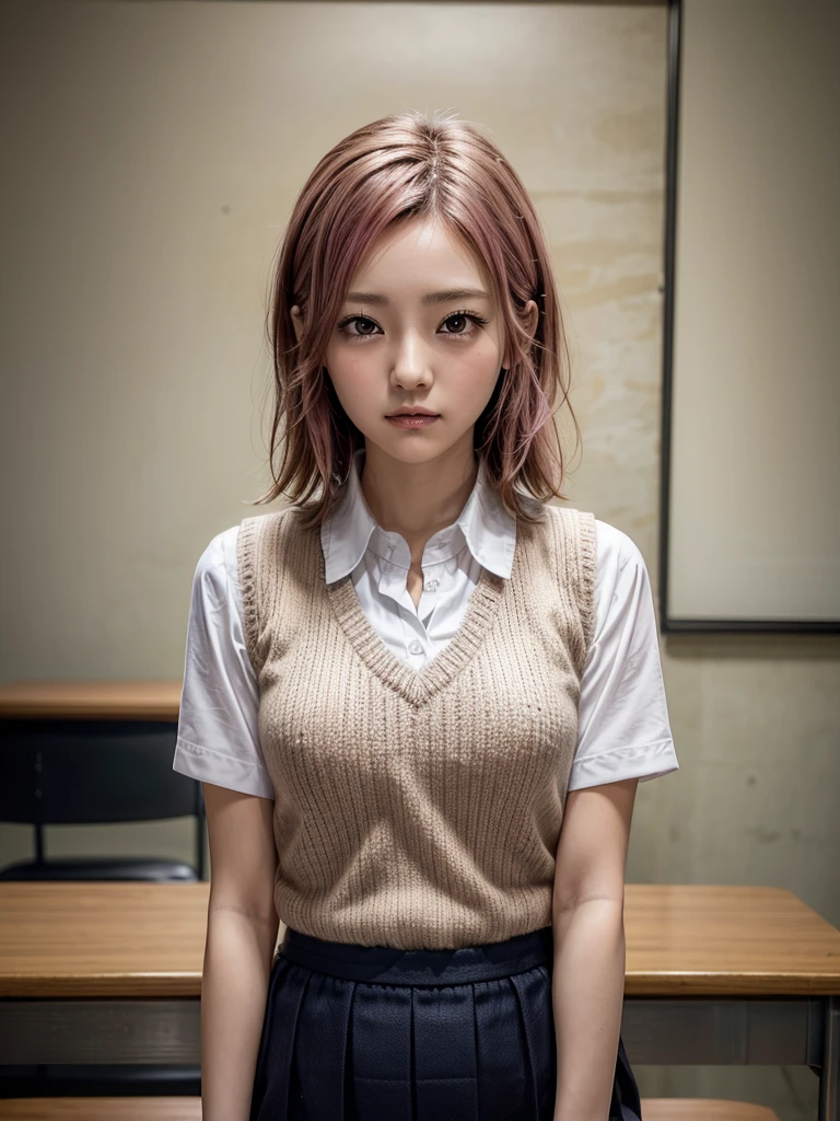 Masterpiece, Top Quality, Top Mikoto,bright pink hair, brown eyes, short hair, small breasts, looking at viewer, alone, closed mouth, collared shirt, beige knit vest, dark blue Skirt, school_uniform, shirt, white_shirt, classroom,Masterpiece, highest quality, 8K, detailed skin texture, fine cloth texture, beautiful detailed face, intricate details, super detailed,cute,cute posing,composition that shows the whole body,