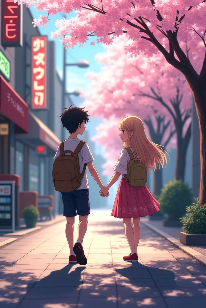 A boy walking on street and he saw the pretty girl, Japan city background, normal sunlight, shadow overall, anime 4k version, then girl see backside and give cute smile for boy, the get handshake and waking both on street