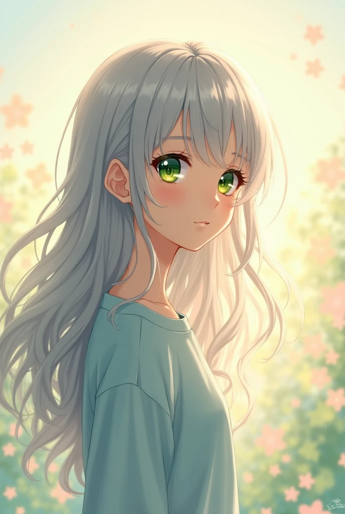 A teenager with long silver hair and expressive green eyes ,against a light background 