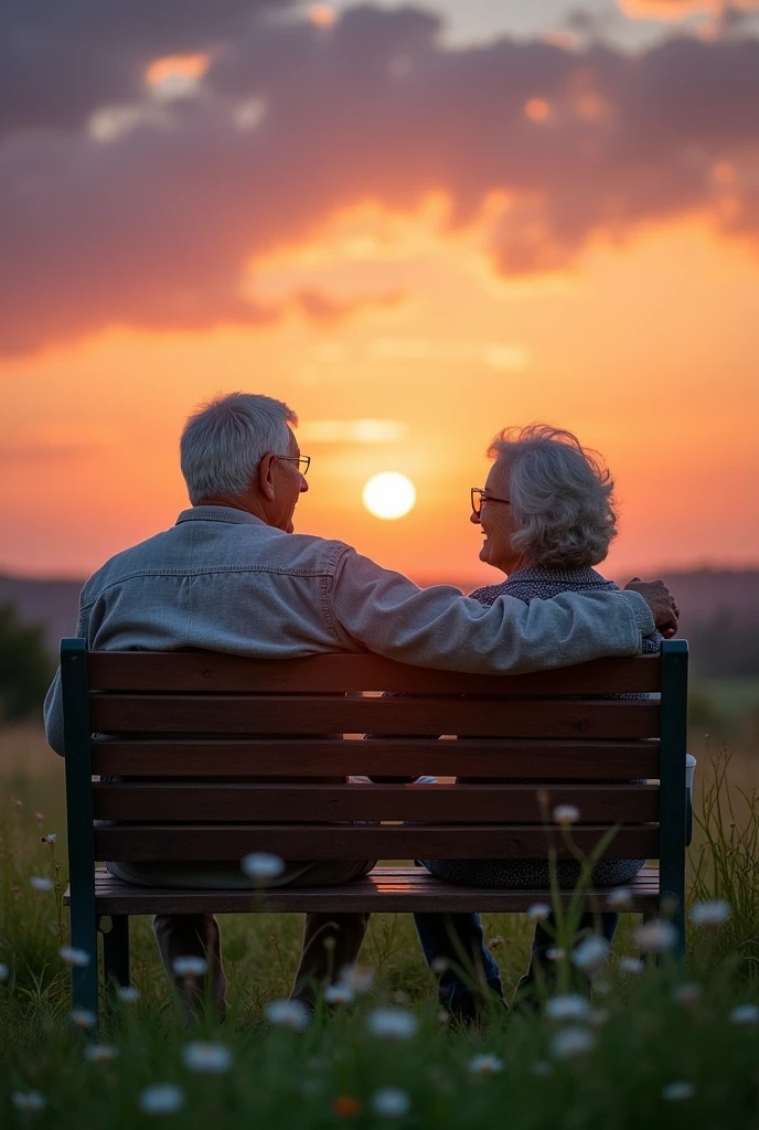 An elderly couple sits watching the sunset.