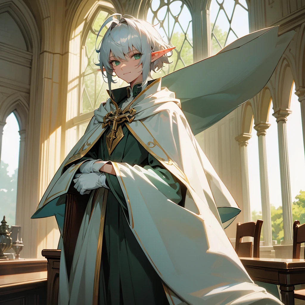 Elf, silver hair,short hair, medium cut, ahoge, curly hair,green eyes,slender, fair skin, robe, cloak,White gloves, arms crossed, cross-legged, fantasy, inside, in the room, with a window, with a desk, with a chair, with a bookshelf, slender, cool Smile, sitting, toned, male