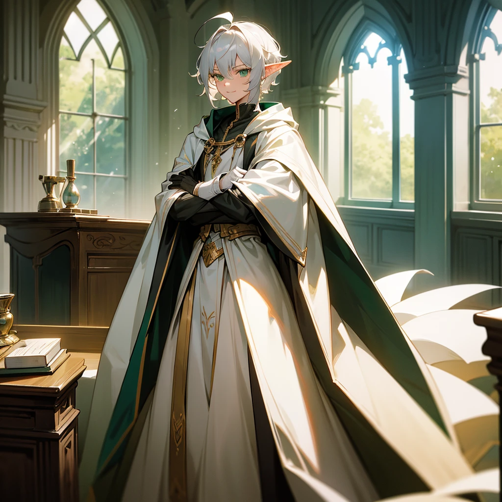 Elf, silver hair,short hair, medium cut, ahoge, curly hair,green eyes,slender, fair skin, robe,  cloak,White gloves, arms crossed, cross-legged, fantasy, inside, in the room, with a window, with a desk, with a chair, with a bookshelf, slender, cool Smile, sitting, toned, male