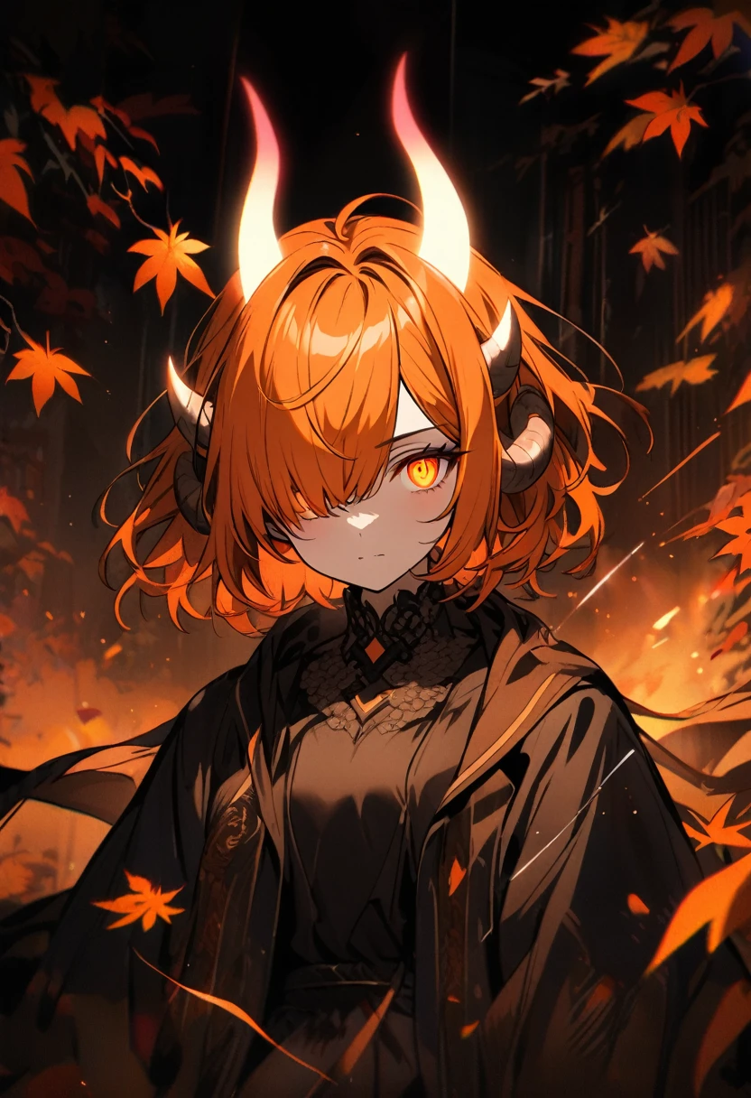 Orange hair, Orange eyes, hair over one eye, dark setting, light show, Bright autumn leaves 🍁 all around, glowing eyes, (small demon horns, glowing horns, ethereal horns, energy horns)